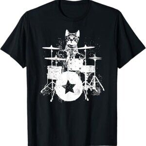 Punk Rockstar Kitten Kitty Cat Drummer Playing Drums Graphic T-Shirt
